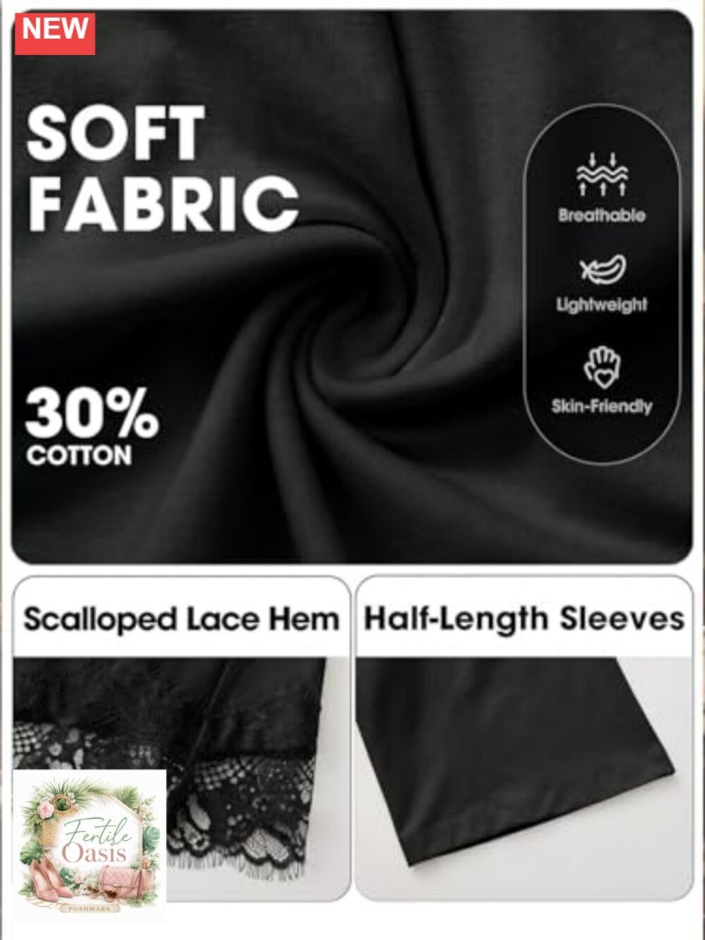 Oversized Lace Trim Tunic Blouse Crew Neck Half Sleeve Cotton Blend - Picture 5 of 6